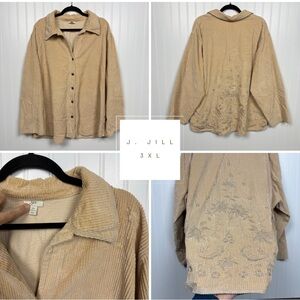 J Jill Long Sleeve Button Up Size 3X Corduroy Floral Embroidery 100% Cotton Tan
